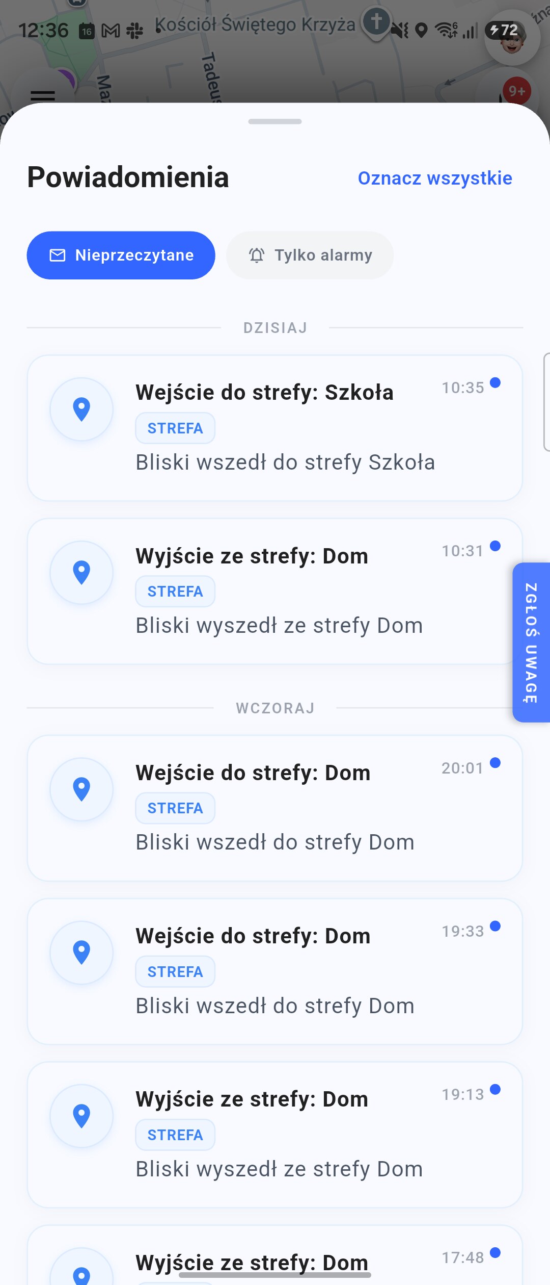Lista powiadomień o wejściu i wyjściu ze stref: Szkoła, Dom