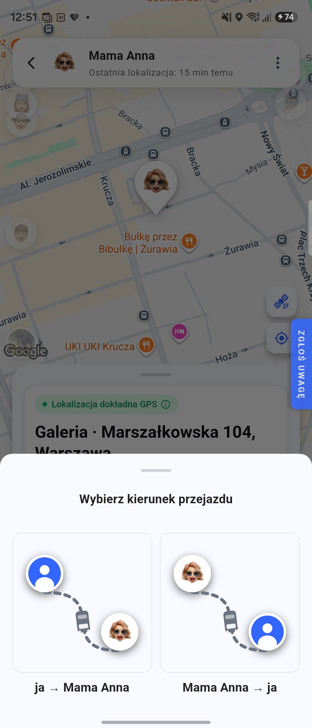 Ekran zamawiania przejazdu: wybór kierunku do bliskiej osoby